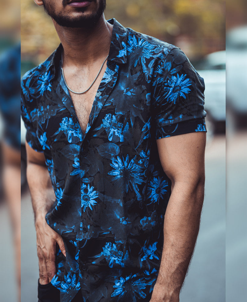 Blue Sunflower Print Half Sleeves Shirt