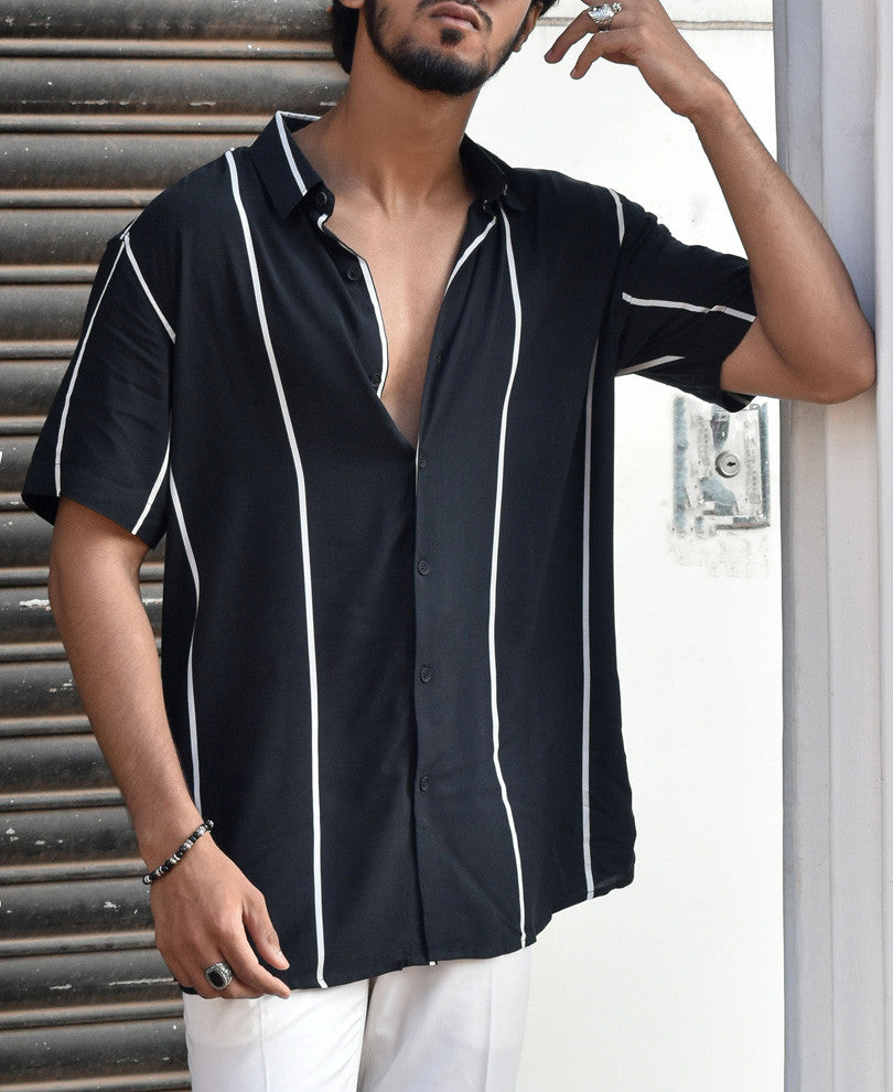 Black With White Vertical Stripe Half Sleeves Shirt