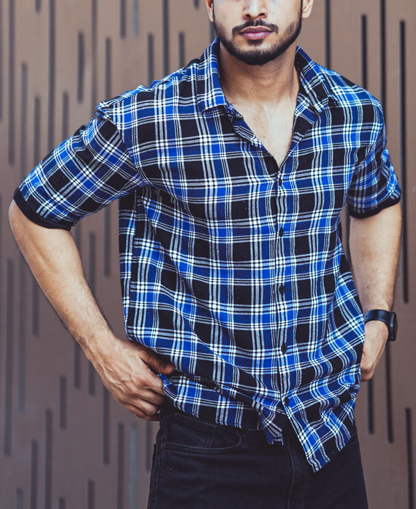 Blue And Black Checks Oversize Drop Shoulder Shirt