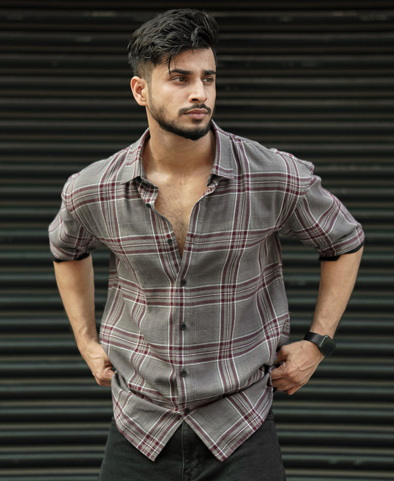 Dark Grey Checks Oversize Drop Shoulder Shirt