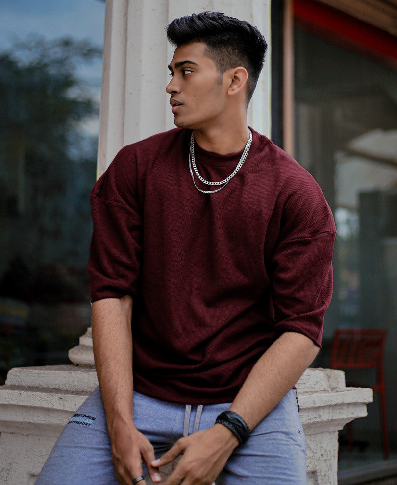 Urban Maroon Solid Oversize Drop Shoulder T Shirt