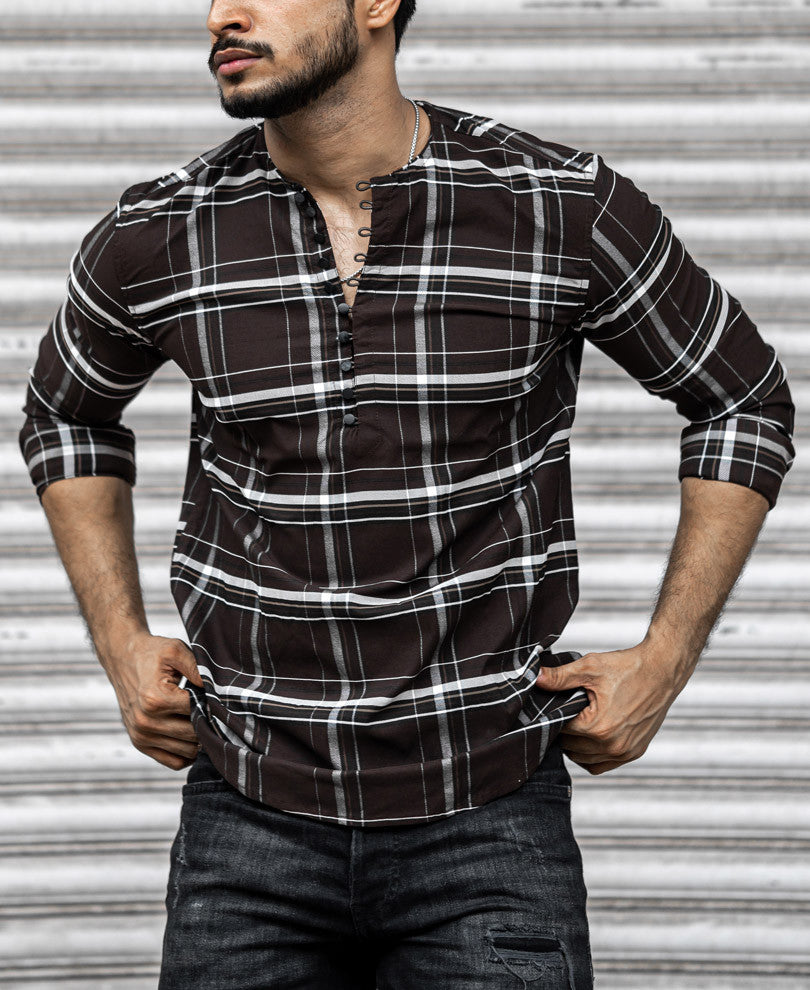 Brown Stretch Checks Kurta Full Sleeves Shirt