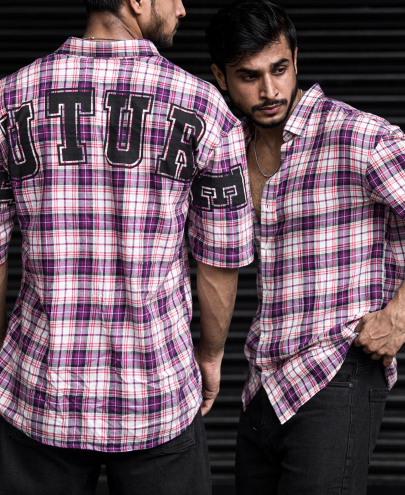 Pink Future Back Printed Checks Oversize Drop Shoulder Shirt