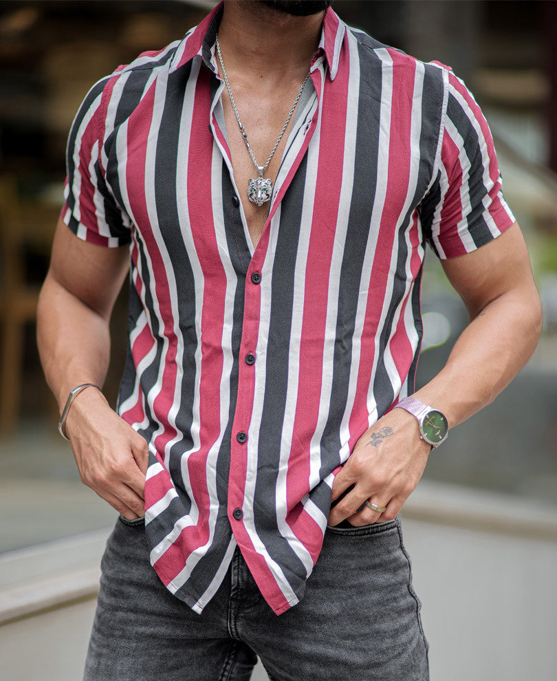 Red and Navy Blue Stripes Half Sleeves Shirt