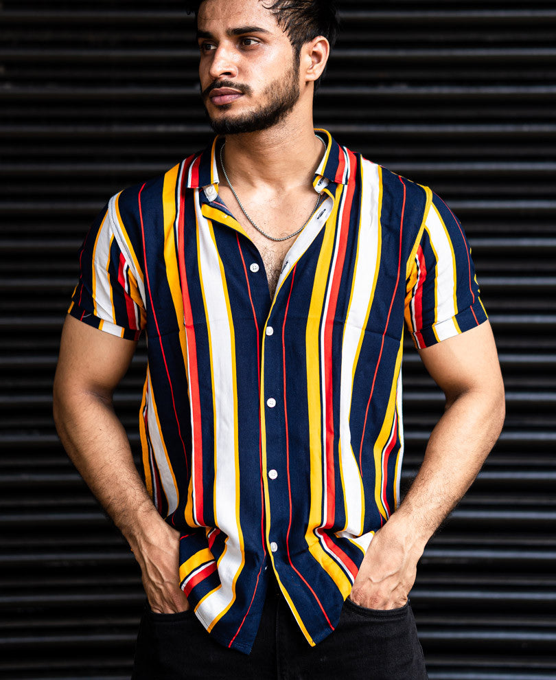 Blue and Yellow with Multi Color Stripe Half Sleeves Shirt