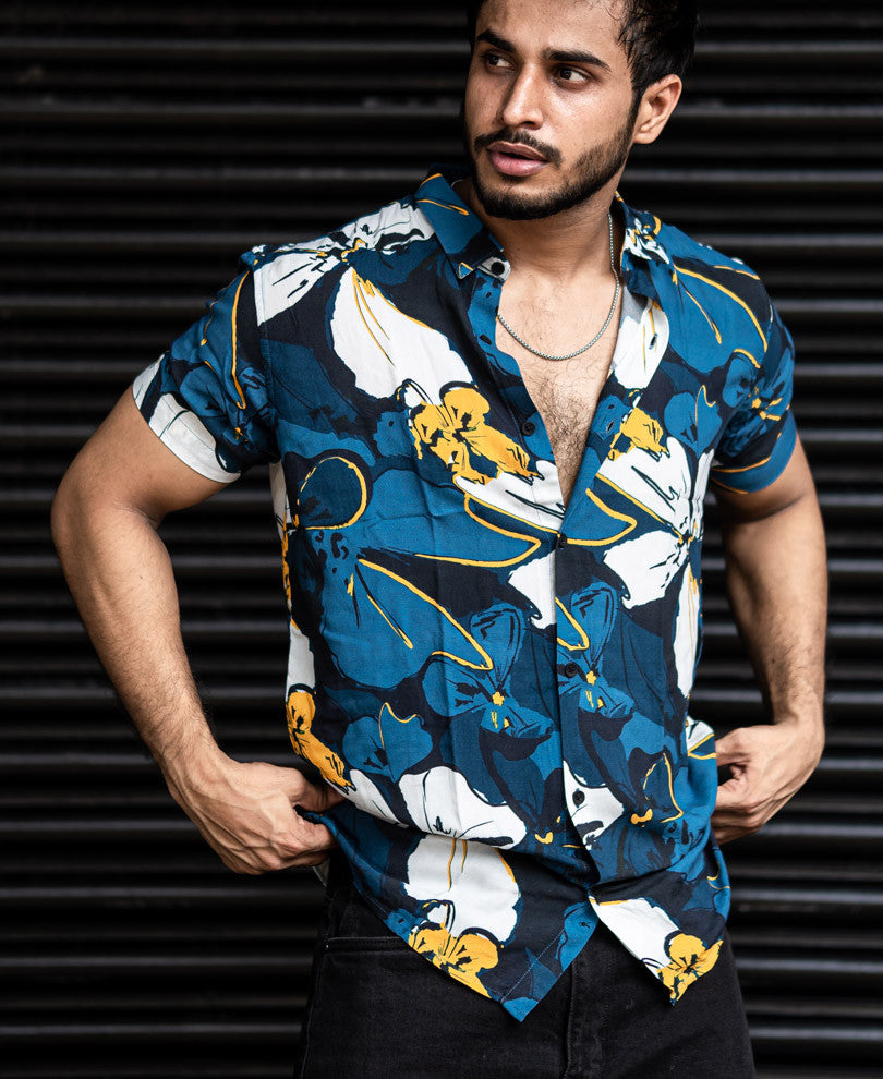 Blue And White Flower Print Half Sleeves Shirt