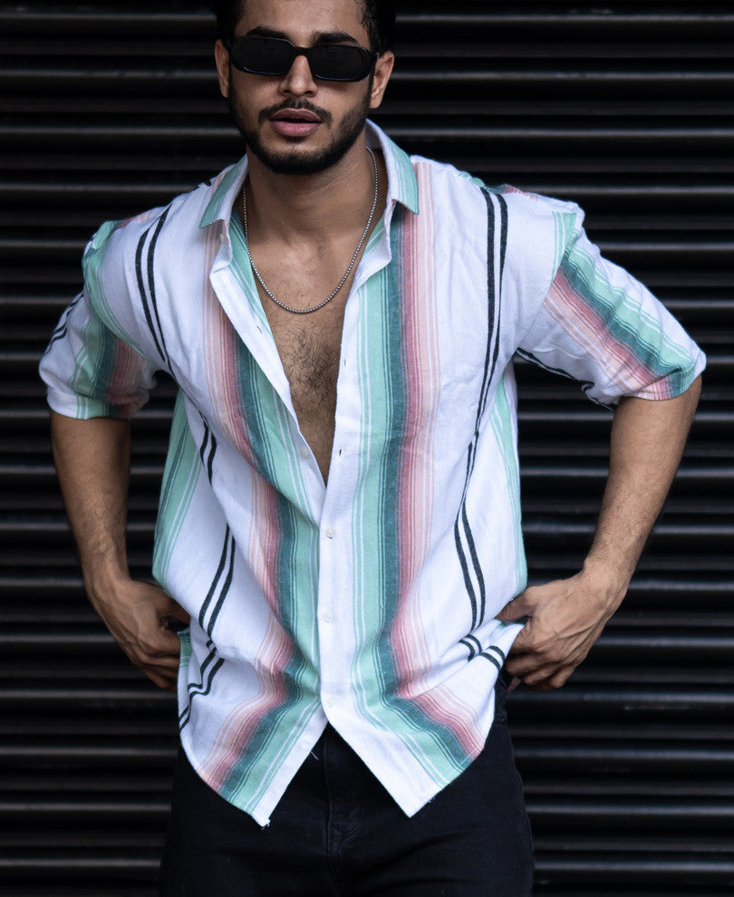 White And Green Vertical Stripes Half Sleeves Shirt