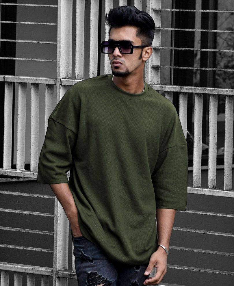 Urban Olive Green Solid Oversize Drop Shoulder T Shirt