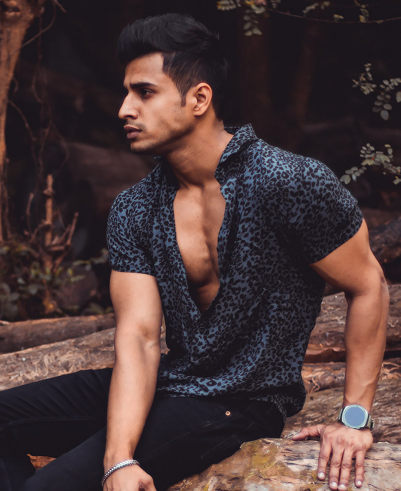 Grey Leopard Print Half Sleeves Shirt