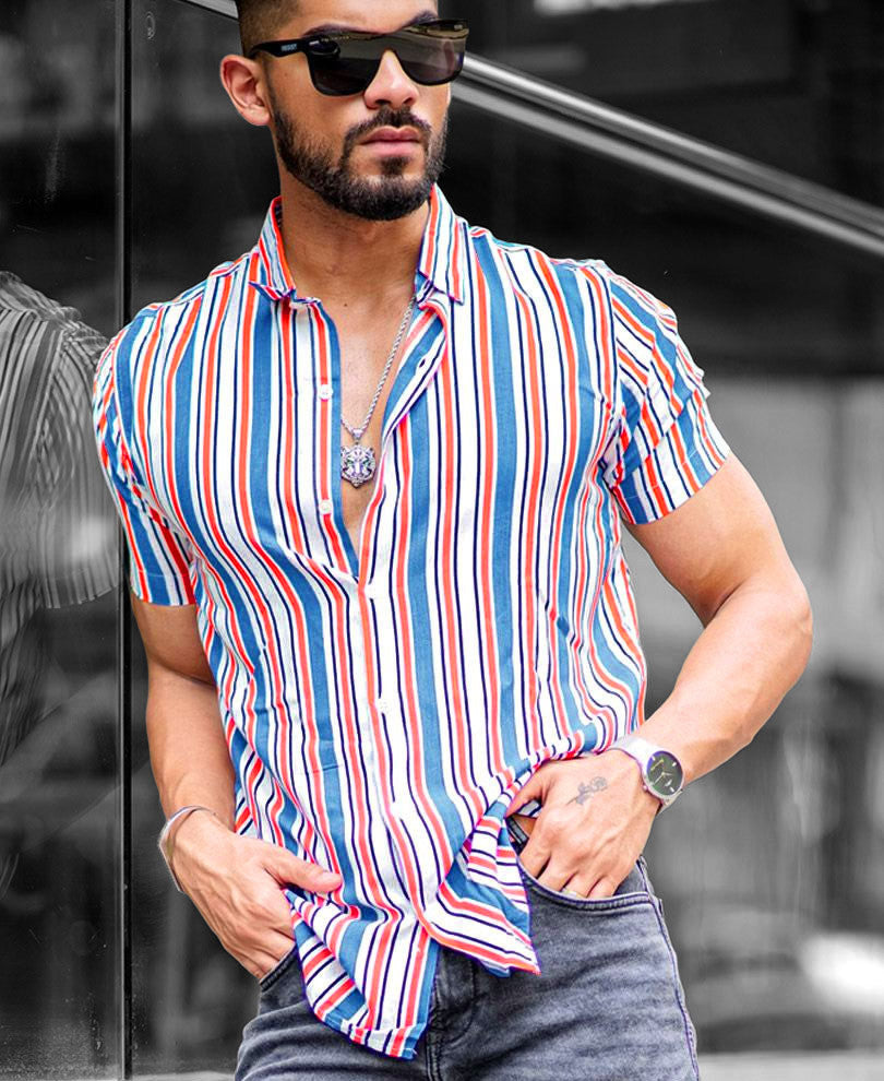 White With Multi Color Vertical Stripes Half Sleeves Shirt