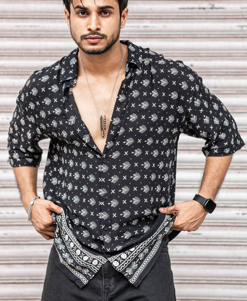 Black Bandana Print Oversize Drop Shoulder Shirt