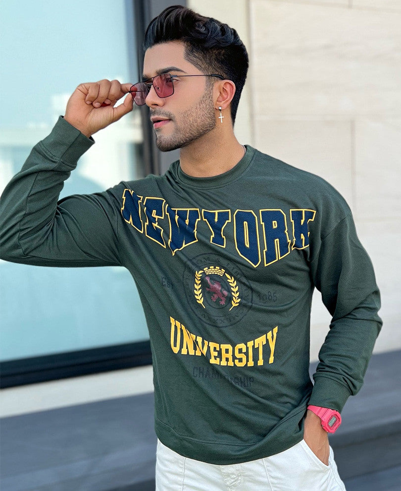 Olive Green New York Print Oversize Drop Shoulder T Shirt