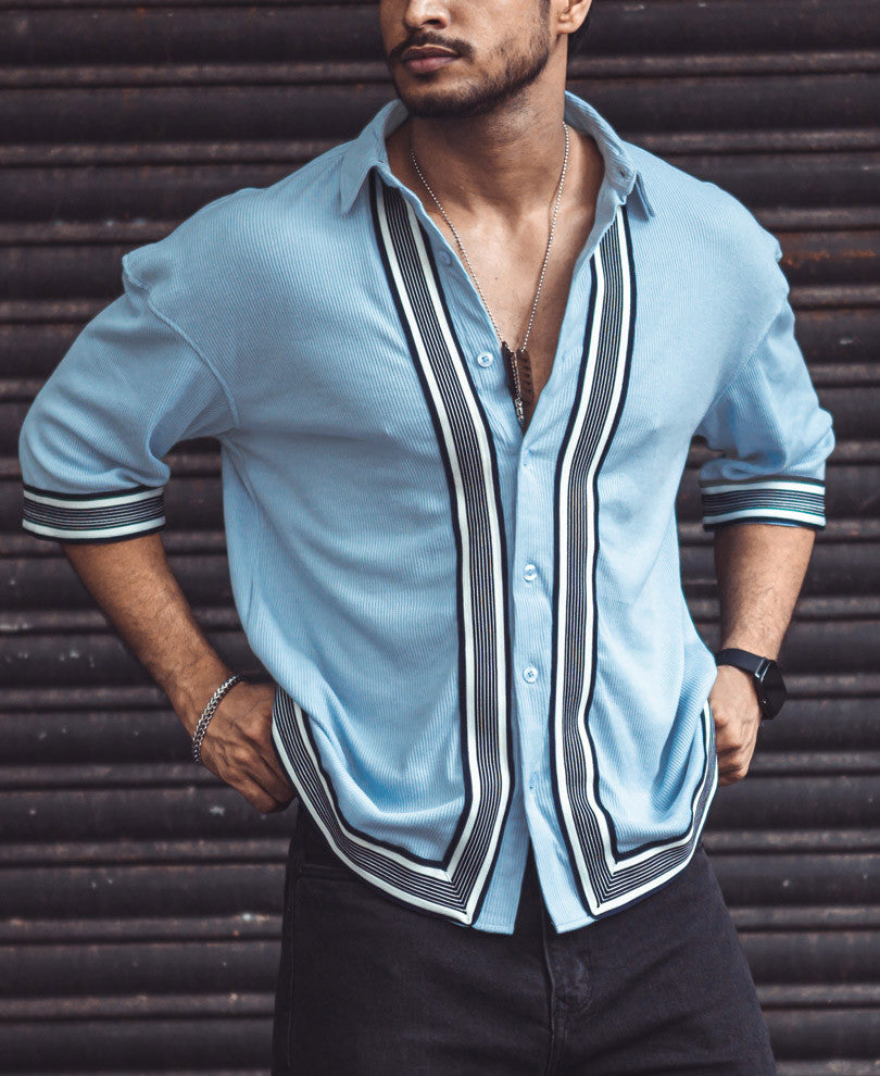Sky Blue Button Style Oversize Drop Shoulder T Shirt