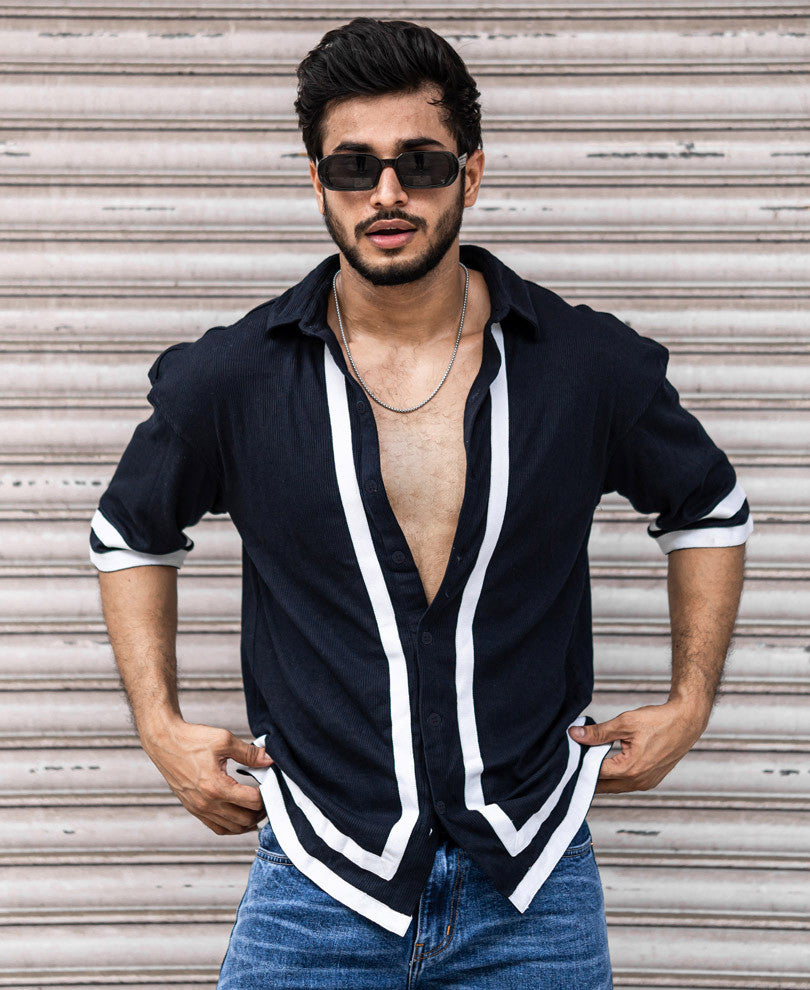 Navy Blue Button Style Oversize Drop Shoulder T Shirt