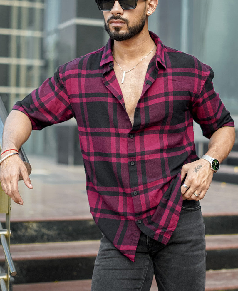 Maroon Checks Oversize Drop Shoulder Shirt