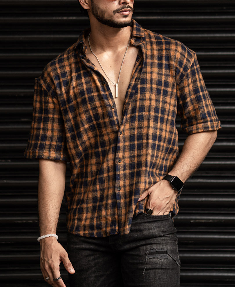 Mustard and Blue Checks Oversize Drop Shoulder Shirt
