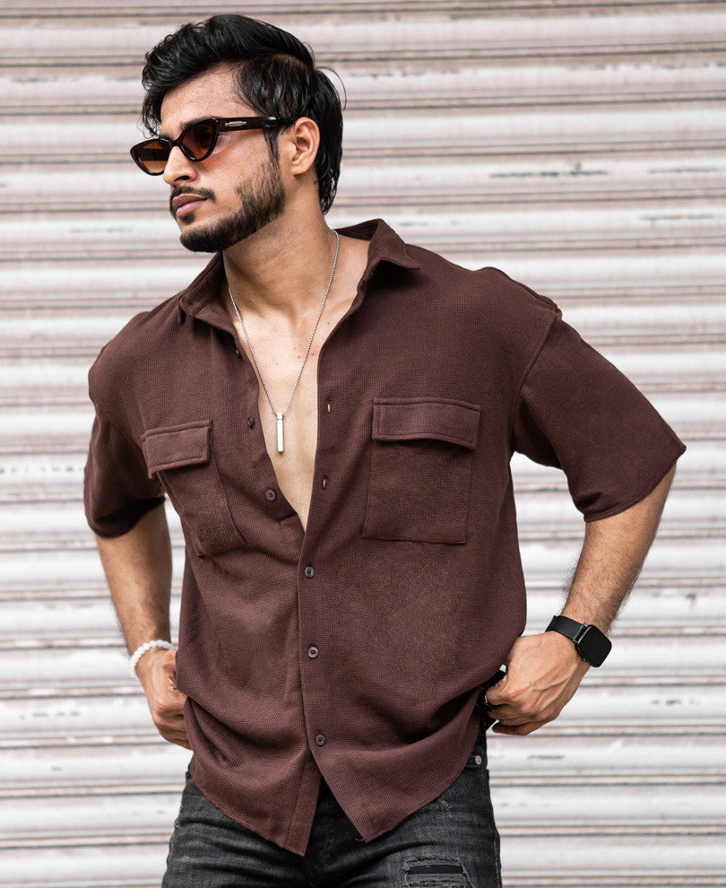 Dark Brown Chest Pocket Oversize Drop Shoulder Shirt