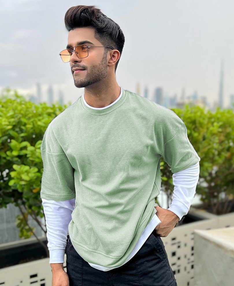 Pista Green With White Panel Attached Oversize Drop Shoulder T Shirt