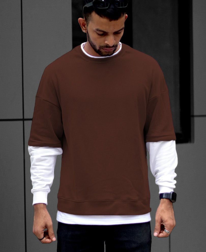 Brown With White Panel Attached Oversize Drop Shoulder T Shirt