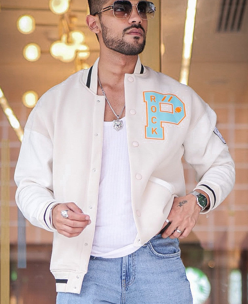 Cream Varsity Baseball Oversize Drop Shoulder Jacket