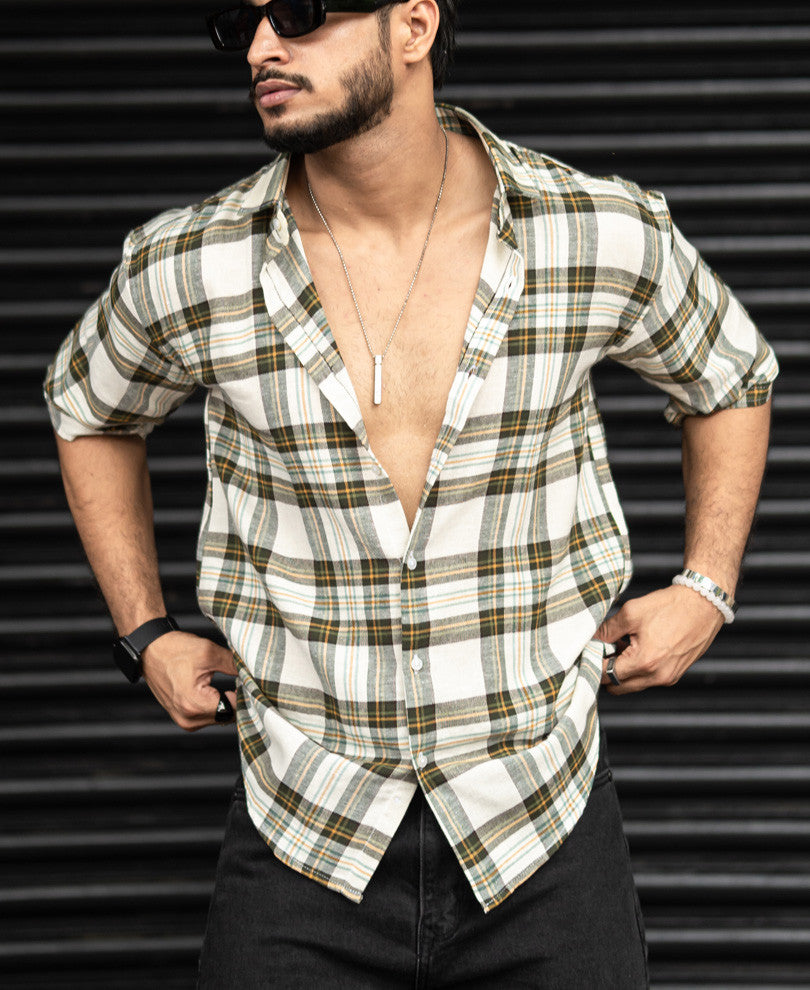 Cream Checks Print Oversize Drop Shoulder Shirt