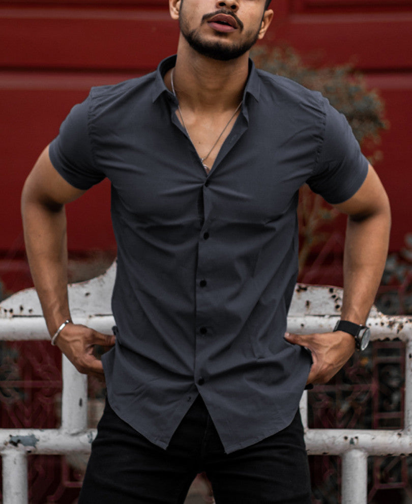 Urban Dark Grey Stretchable Solid Half Sleeves Shirt