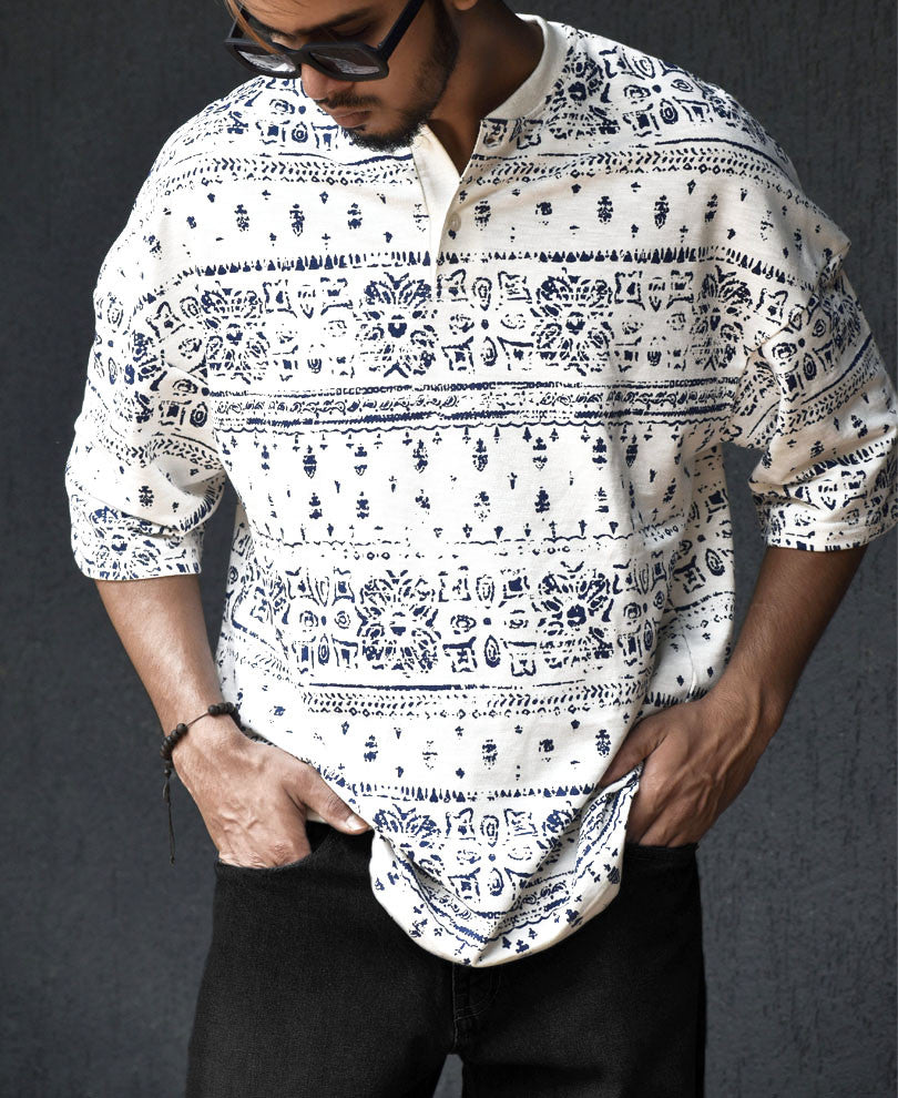 White Ancient Print Henley Oversize Drop Shoulder T Shirt