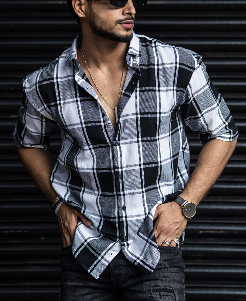 Black And Grey Checks Oversize Drop Shoulder Shirt