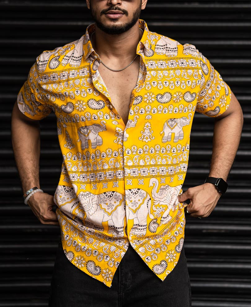Yellow Elephant Print Half Sleeves Shirt D