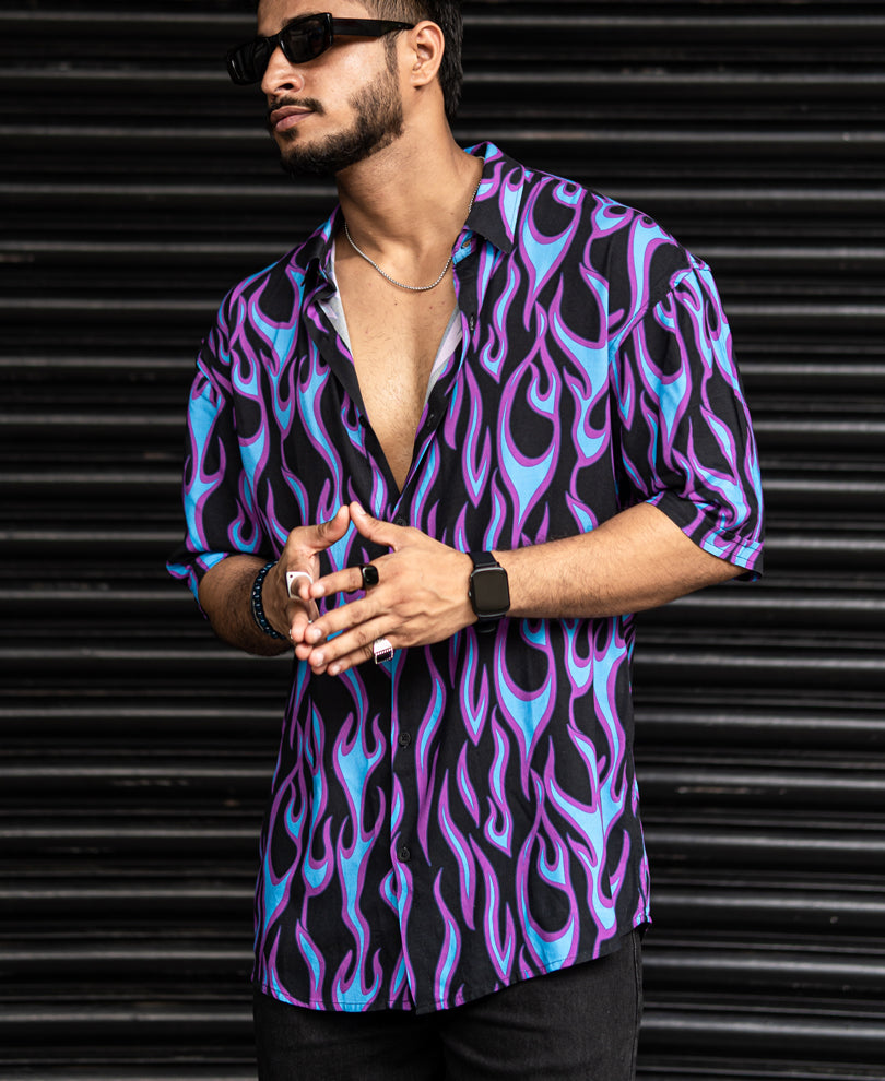 Purple Flames Print Oversize Drop Shoulder Shirt
