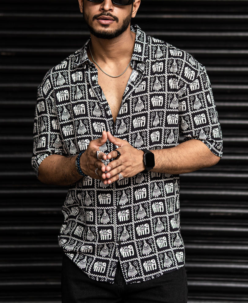 Black Elephant Print Oversize Drop Shoulder Shirt