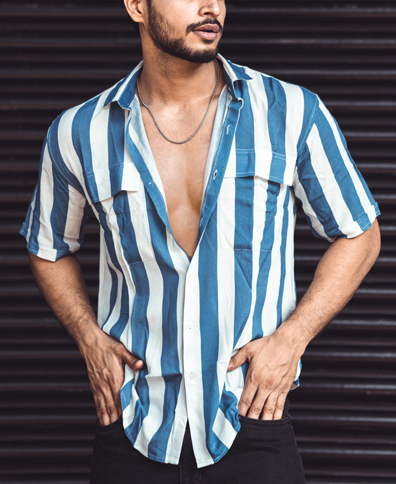 White And Blue Vertical Stripe Pocket Oversize Drop Shoulder Shirt