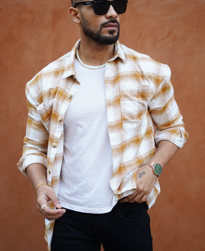 Camel Pocket Checks Oversize Drop Shoulder Shirt