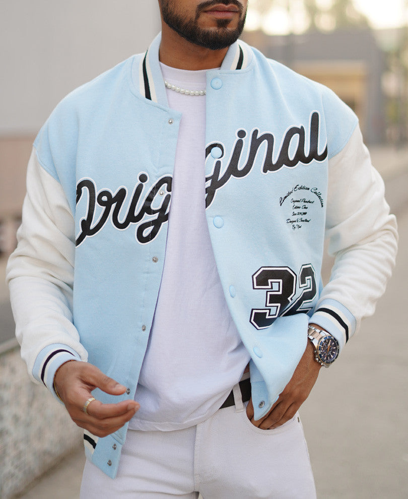 Sky Blue Original Print Oversize Varsity Jacket