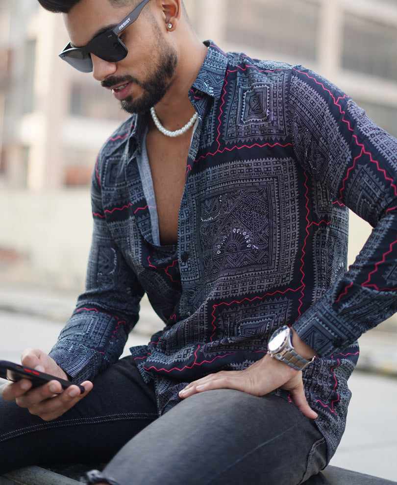 Black Mandala Art Print Full Sleeves Shirt