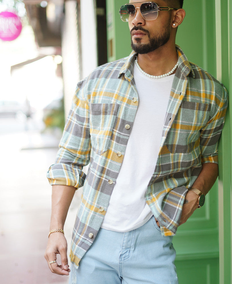Mint Green Pocket Checks Oversize Drop Shoulder Shirt