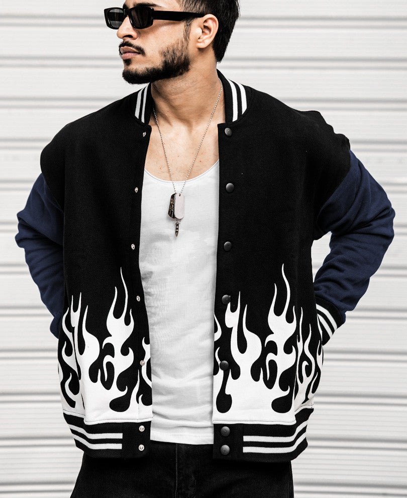 Black Flames Varsity Oversize Drop Shoulder Jacket