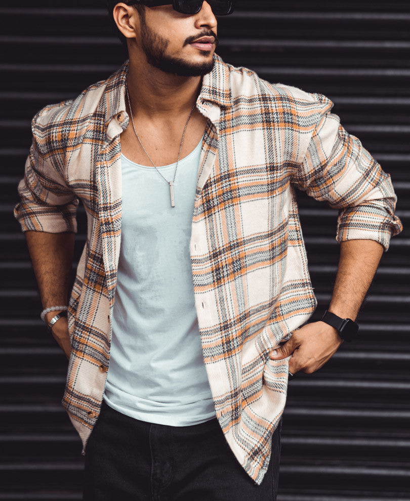 Cream And Mustard Checks Oversize Drop Shoulder Shirt
