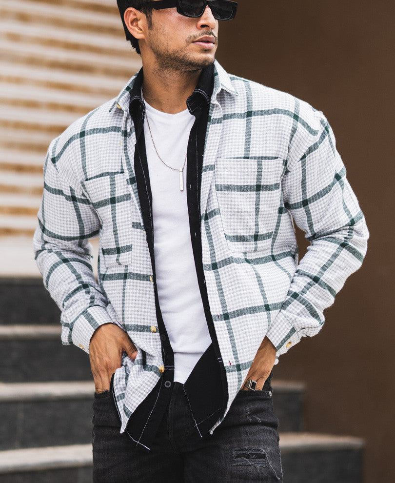 White Chest Pocket Checks Oversize Drop Shoulder Shirt