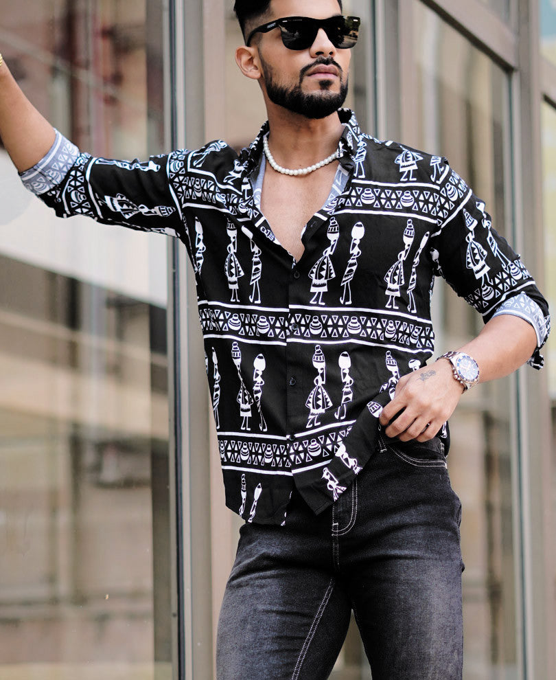 Black Ancient Print Full Sleeves Shirt