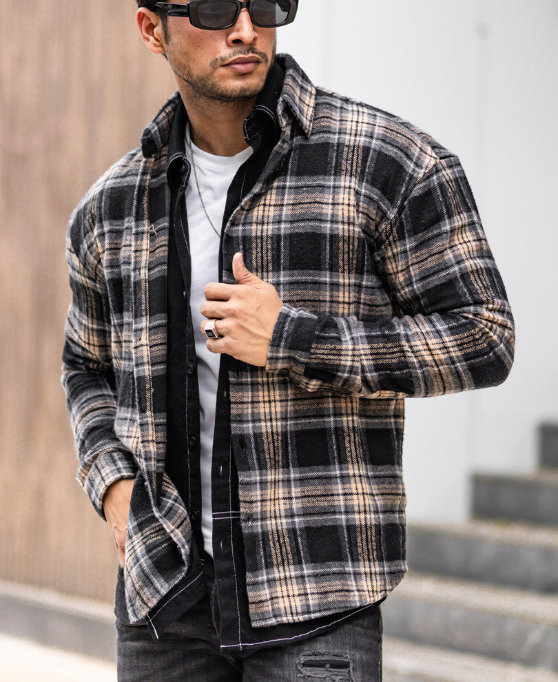 Dusty Black And Grey Checks Oversize Drop Shoulder Shirt
