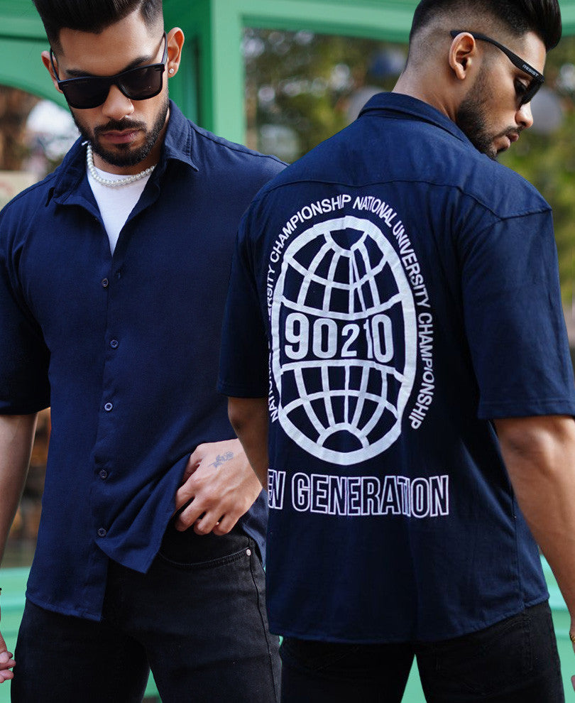 Navy Blue Back Print Oversize Drop Shoulder Shirt