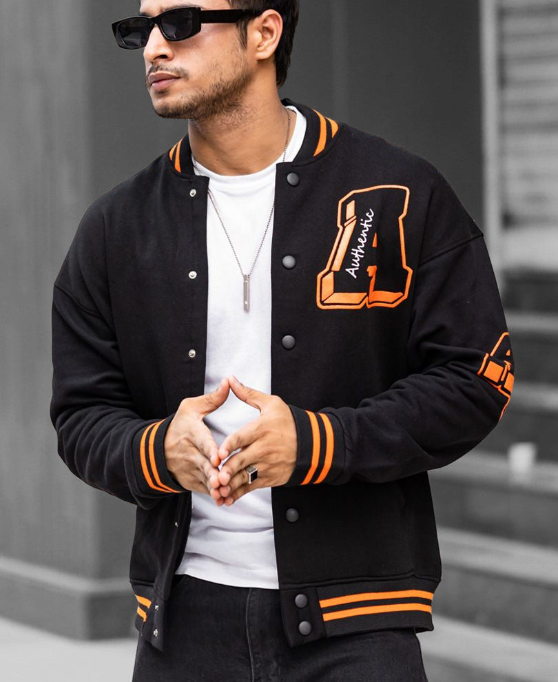 Black Back Print Oversize Varsity Jacket