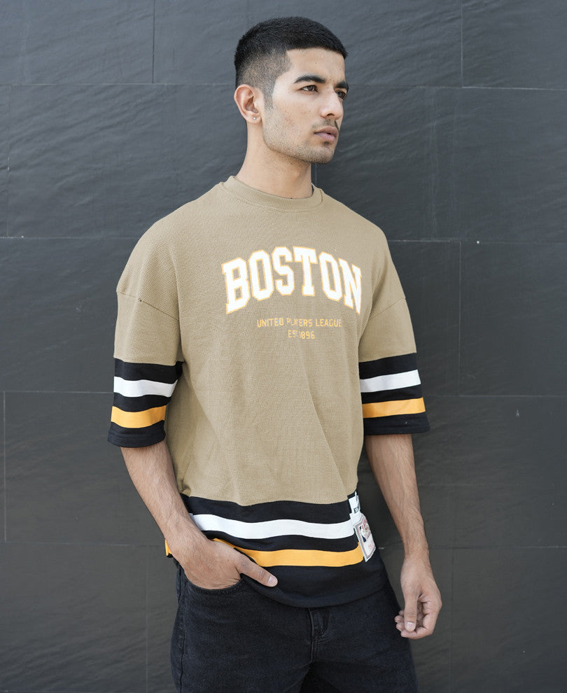 Beige Boston Oversize Drop Shoulder T Shirt