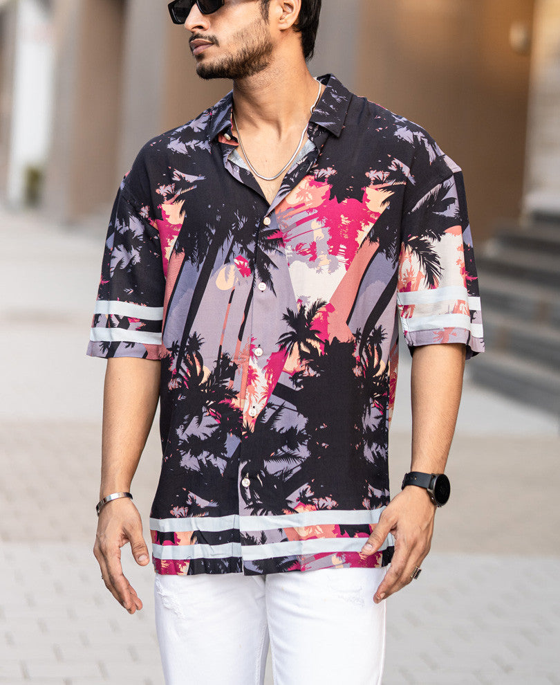 Black Hawaiian Print Oversize Drop Shoulder Shirt