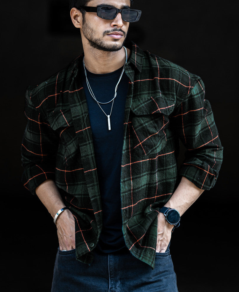 Bottle Green Checks Oversize Drop Shoulder Shirt