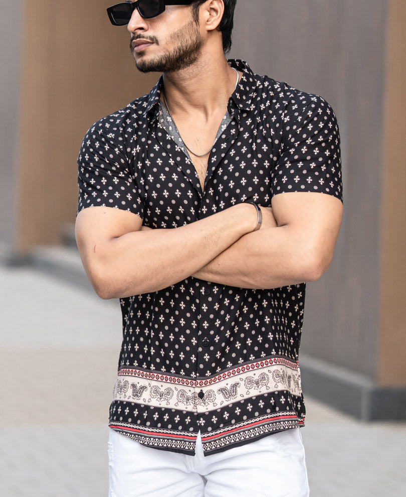 Black Paisley Print Half Sleeves Shirt