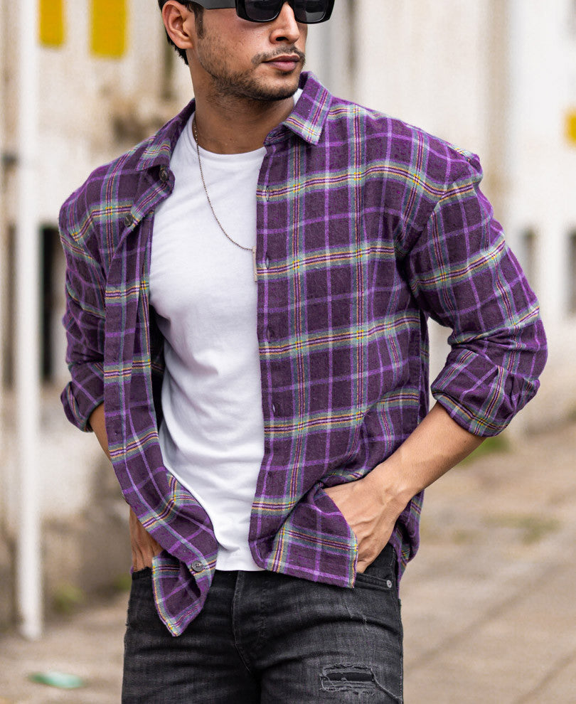 Purple Checks Print Oversize Drop Shoulder Shirt