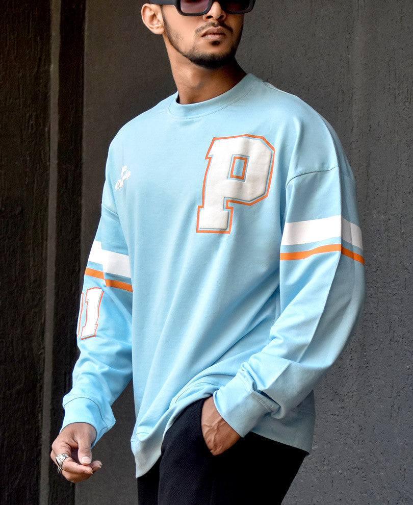 Sky Blue Chest Print Oversize Drop Shoulder T Shirt