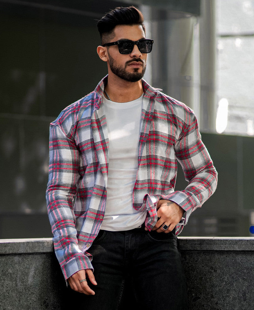 Red And White Checks Oversize Drop Shoulder Shirt